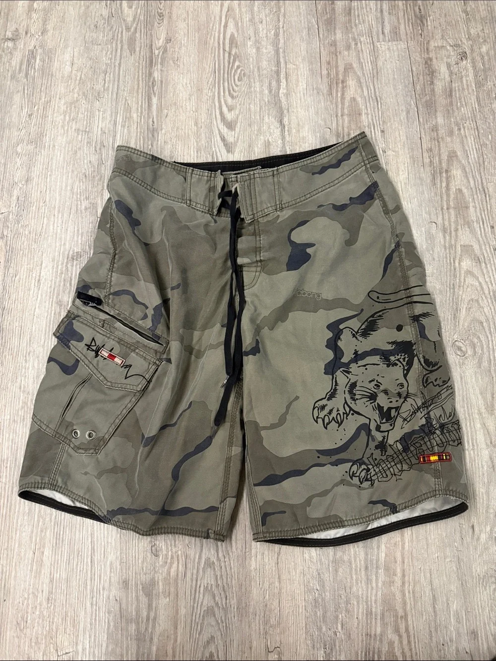 Billabong Olive Camo Board Shorts with Panther Graphic
